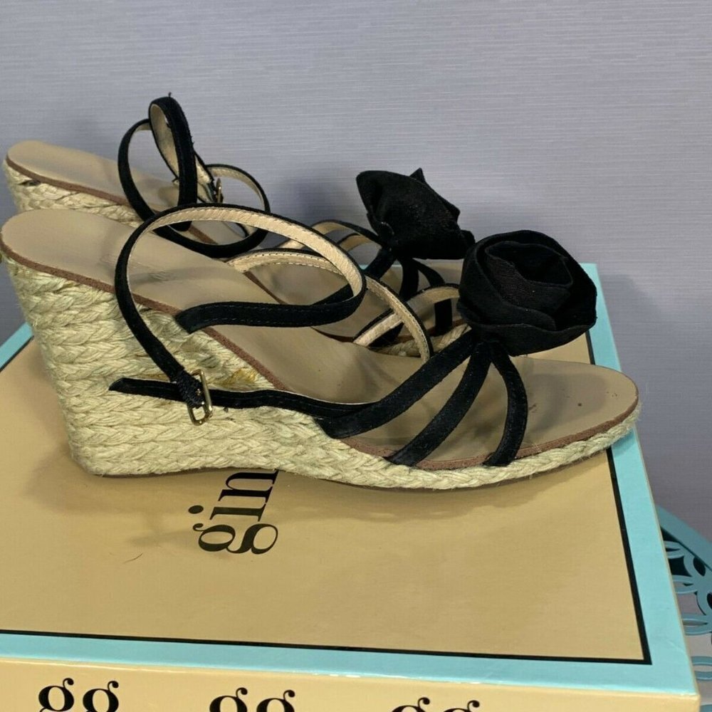 Ginger Goff Kennedy Heel Womens 7 Black Kid Suede Strappy Rattan Wedge Sandal - Picture 8 of 12
